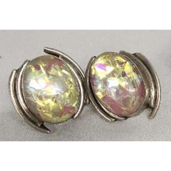 Vintage Taxco TV-41 Sterling Silver Faux Fire Opal Confetti Glass Stud Earrings - Picture 3 of 6